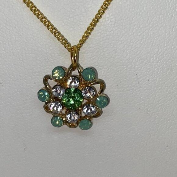 Gold-Tone Turquoise Green Rhinestone Necklace - Picture 3 of 13